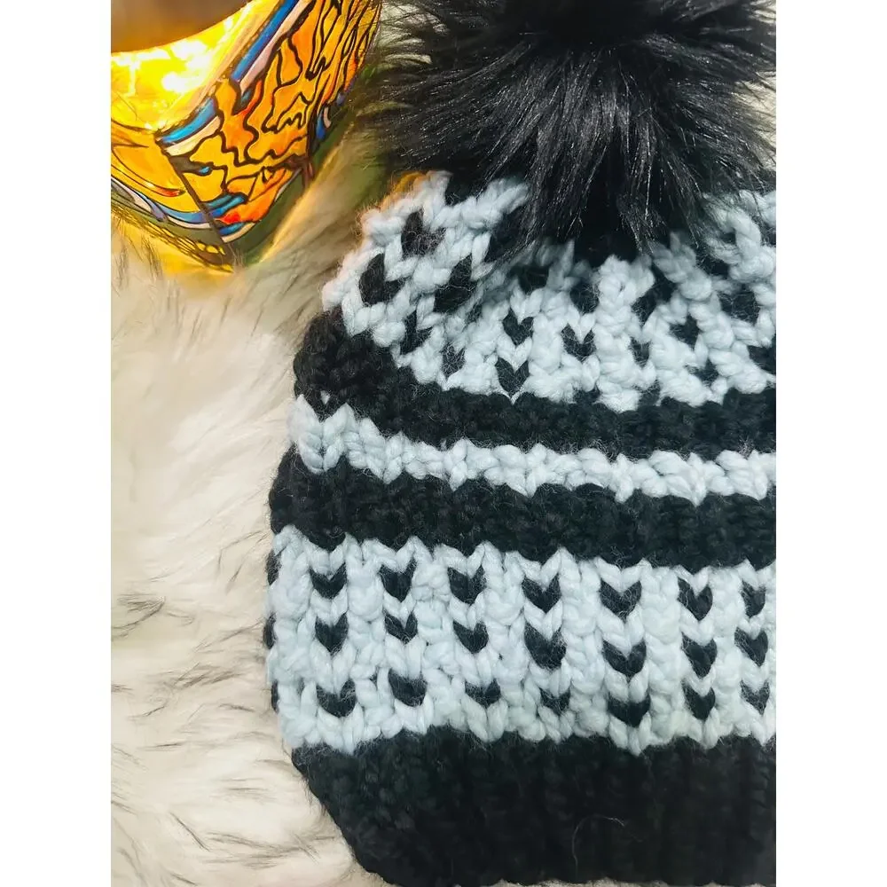 Hand Knit Into Your Heart Beanie: Cozy Winter Hat with Faux Fur Pom